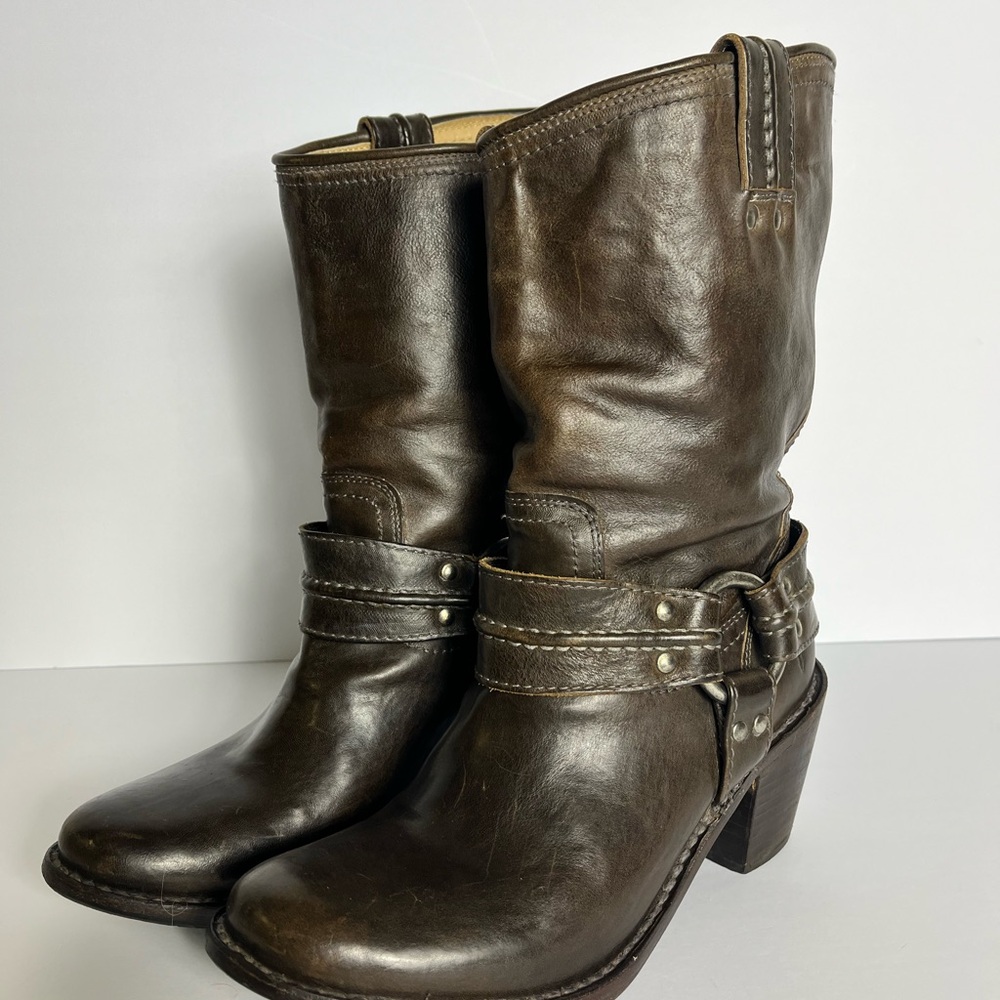 Frye Dark Brown Leather Harness Mid-Calf Boots - Picture 3 of 12